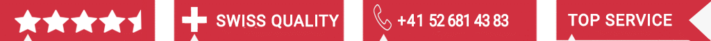 Rotes Banner mit 4,5 Sternen, Text Swiss Quality, Telefonnummer und Top Service