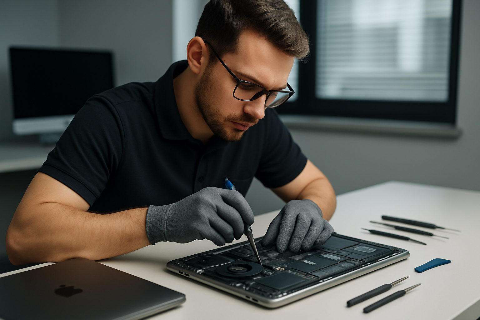 Hemutec Techniker repariert ein geöffnetes Apple MacBook