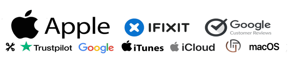 Logos von Apple, iFixit, Hemutec und weiteren Partnern im Service- und Reparaturbereich