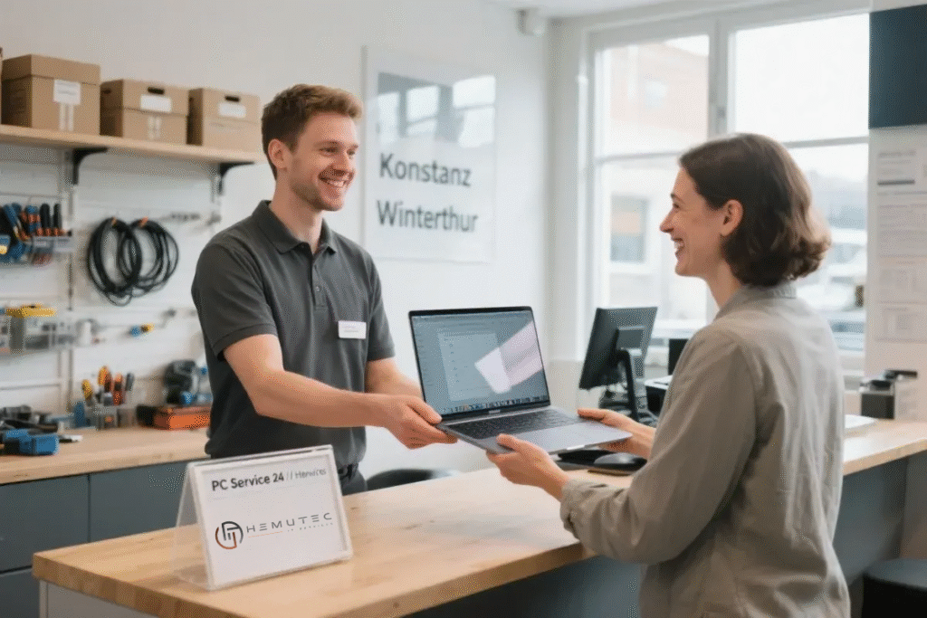 Hemutec IT Services – glückliche Kundin erhält ihr repariertes MacBook in Winterthur zurück