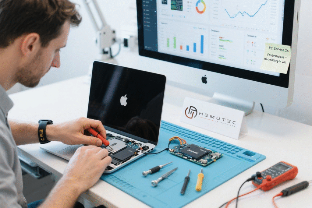 Techniker von Hemutec IT Services bei MacBook-Reparatur in Winterthur