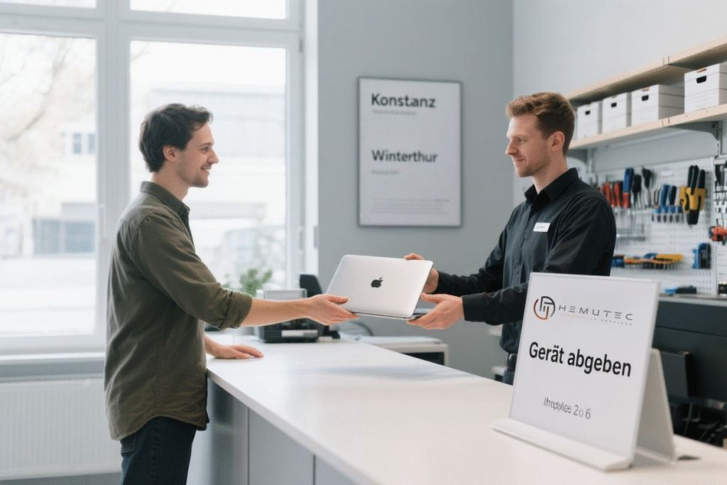 Kunde gibt sein MacBook bei Hemutec IT Services in Winterthur zur Reparatur ab