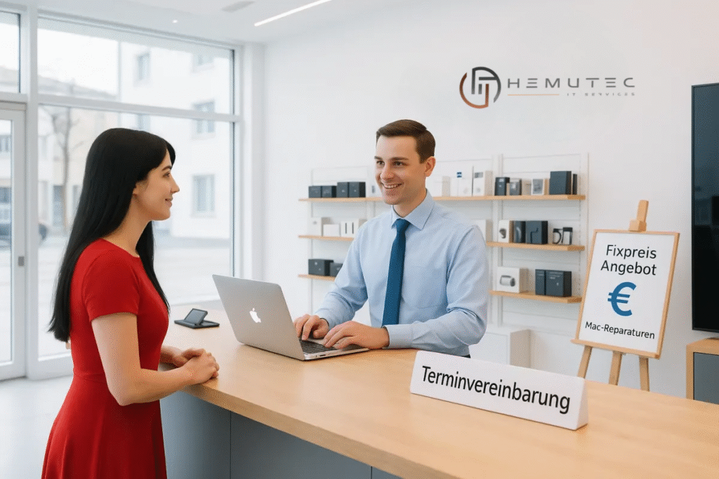 Kundin vereinbart Termin für Mac Reparatur zum Fixpreis bei Hemutec IT Services