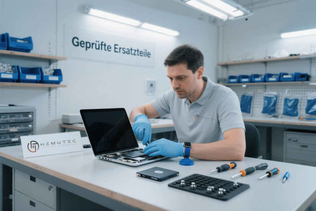 Hemutec IT-Techniker bei MacBook-Reparatur mit geprüften Ersatzteilen in der Werkstatt